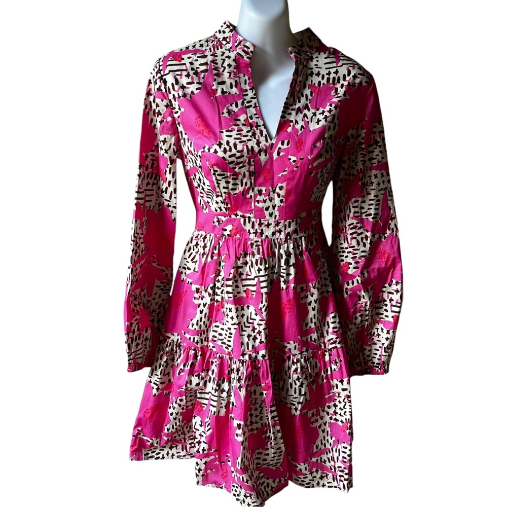 Pearl Pagoda small long ballon sleeve knee length dress. Hot pink geometric EUC